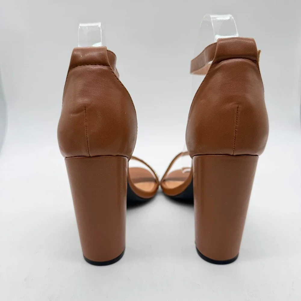Womens Cognac Brown Rhinestone Ankle Strap Block Heel Sandals Size 9 Dressy